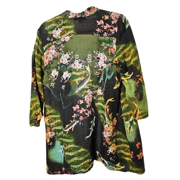 Citron Santa Monica Green Kimono Jacket Koi Cherry Blossom‎ Print L Open Front - Picture 2 of 7